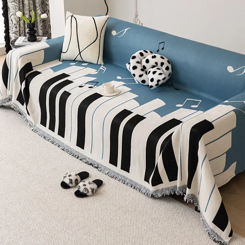Chenille Piano Pattern Printed Sofa Cover Soft Anti Cat Scratch Dust Cover for All Seasons Double Face Usable Fringed Sofa Pad