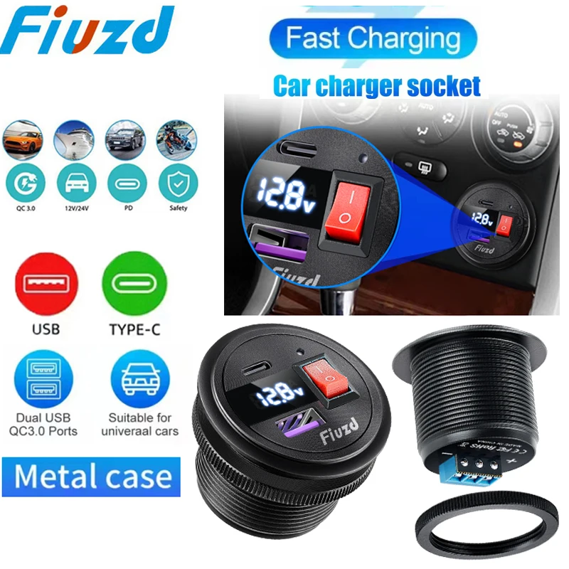 12V USB Outlet Dual PD USB-C Port Quick Charge 3.0 Car USB Charger Socket Power Outlet ON/OFF Switch