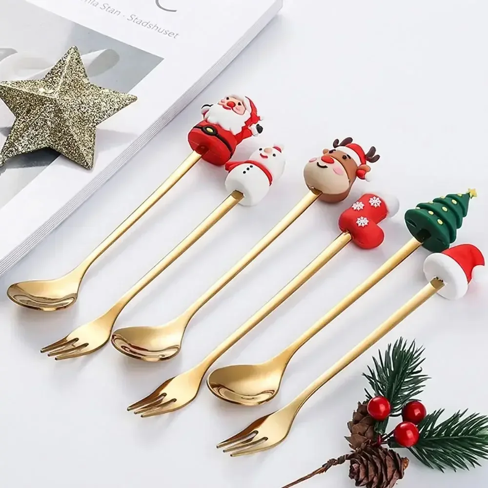 Cuillère et fourchette en acier inoxydable, ensemble de vaisselle de Noël, café, thé, cuillère à dessert, créatif, coffret cadeau exquis, 6 pièces