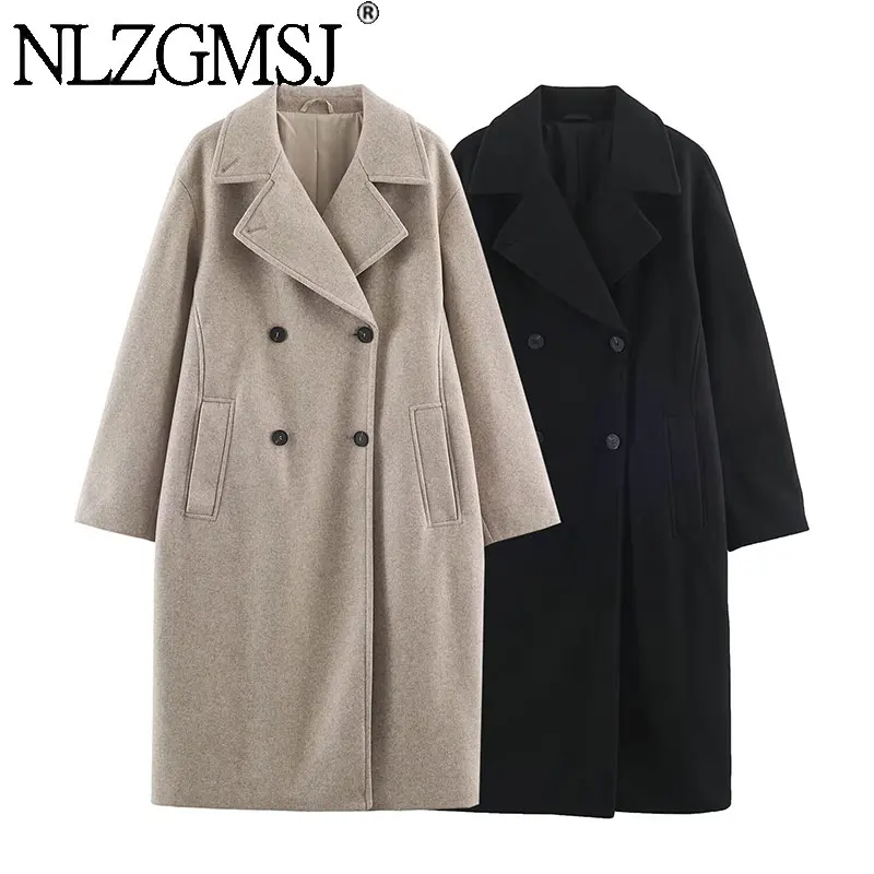 NLZGMSJ Women Elegant Woolen Double-breasted Long Coat Fashion Commute Coat 2026 Autumn Winter Chic Casual High Street Coat