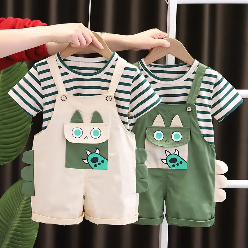 

New Fashion Summer Children Kids Boy Girl Clothes Cartoon Strips T-shirt Bib Shorts 2Pcs/Set Infant Kids Toddler Tracksuits