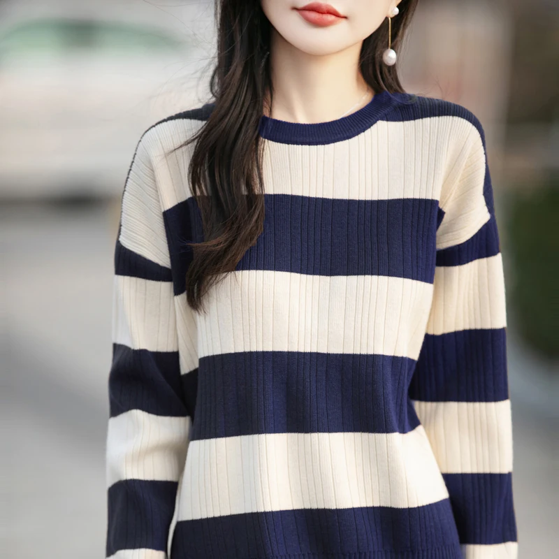 2025 Women's Cashmere Sweater Striped Knitted Sweater Women's Round Neck Pullover Fashion Knitted Sweater Long Sleeve Autumn/Win
