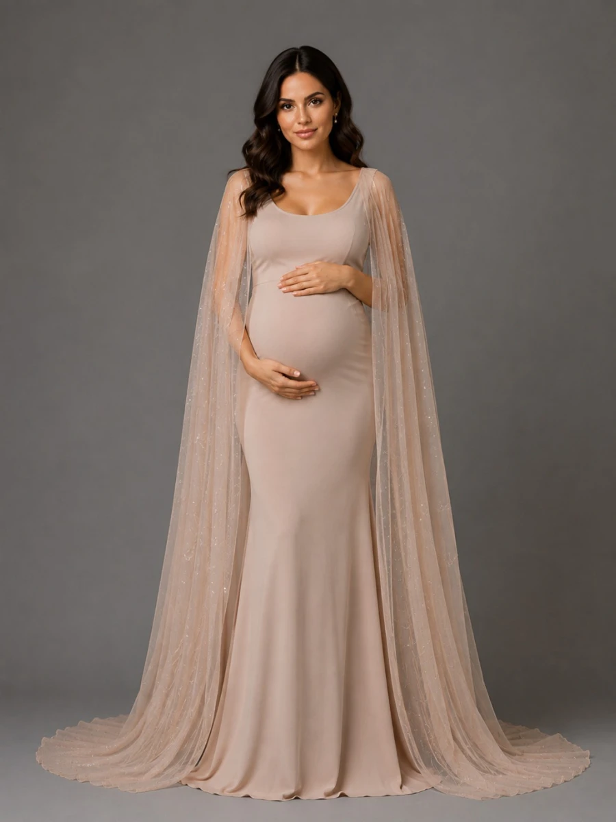 Nude Fitted Mermaid Maternity Baby Shower Dress with Sheer Cape Maternity Gown  L-26932