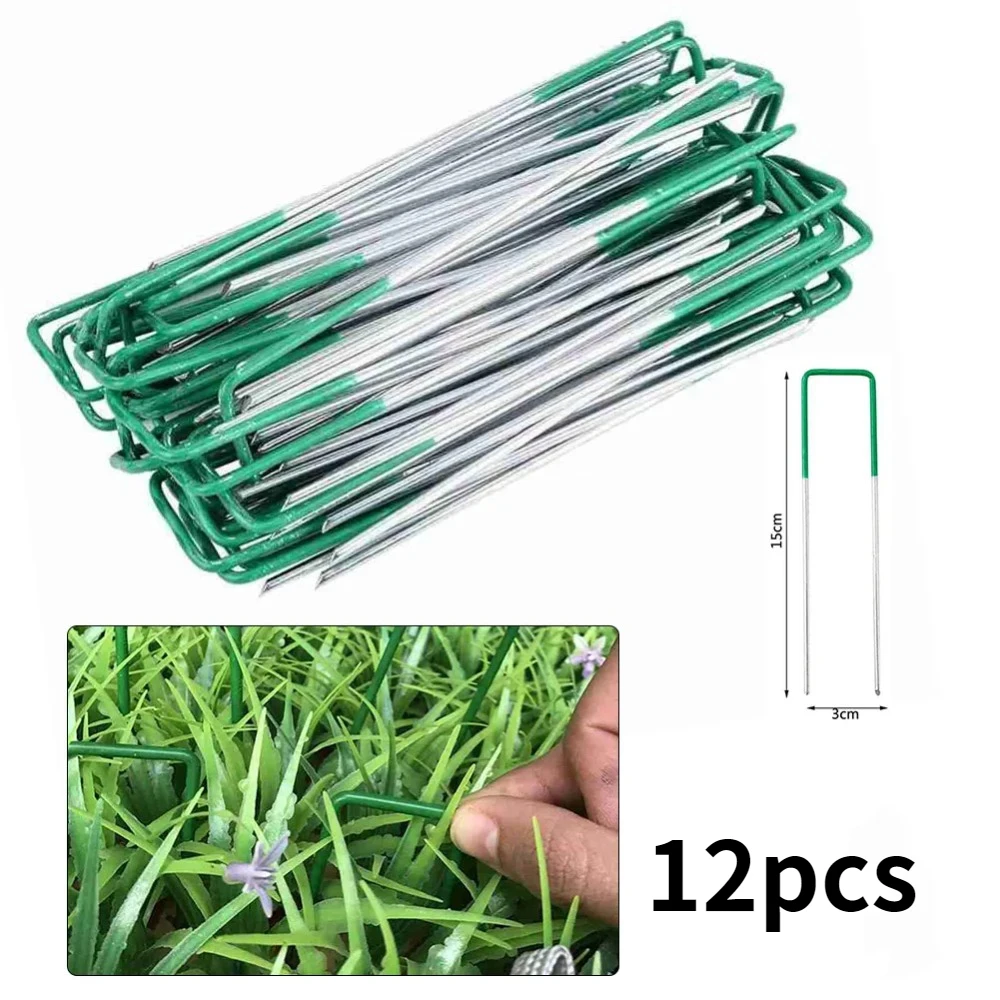 12PCS Garden Stakes U-shaped Ground Nails Green Galvanised Lawn Fixing Nails Outdoor Heavy Duty Lawn Turf Pegs Staples