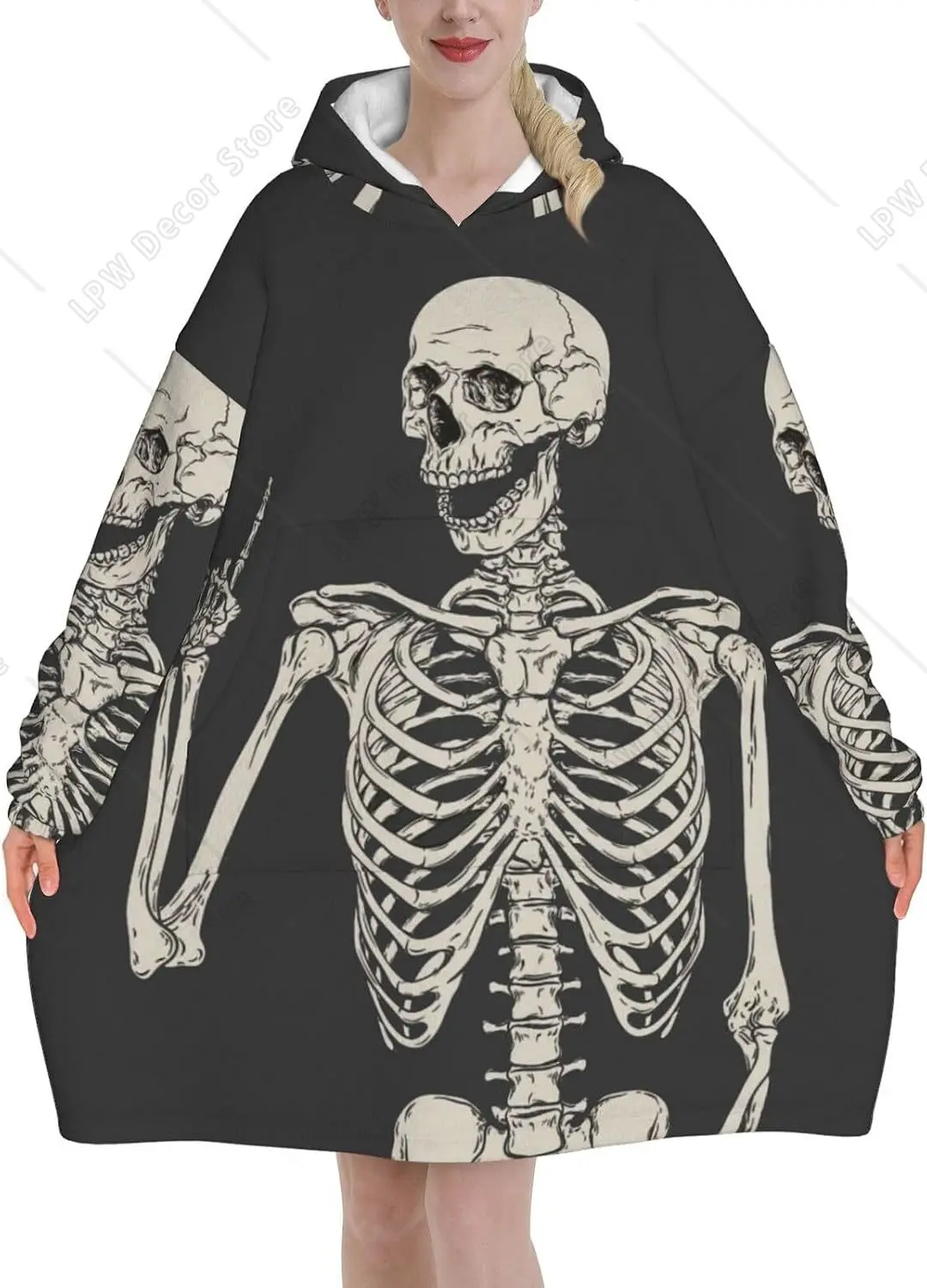 Skull Rock Roll Skeleton Bone Print Blanket Hoodies For Women & Men Adult Teen Wearable Hooded Sweatshirt With Pocket