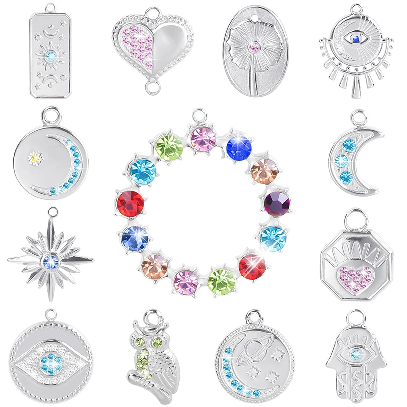 

Chic 6pcs Stainless Steel Diamond Pendants Charms Rhinestone Owl Crescent Moon Evil Eye Hamsa Jewelry Decor DIY Making Necklace