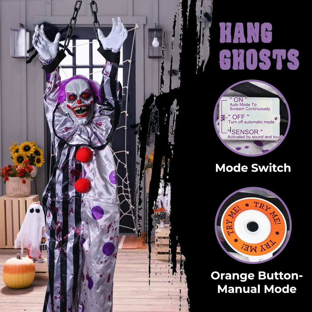 

New Halloween Decorations Electric Voice-activated Hanging Ghost Clown Hanging Ghost Haunted House Horror Decoration Props