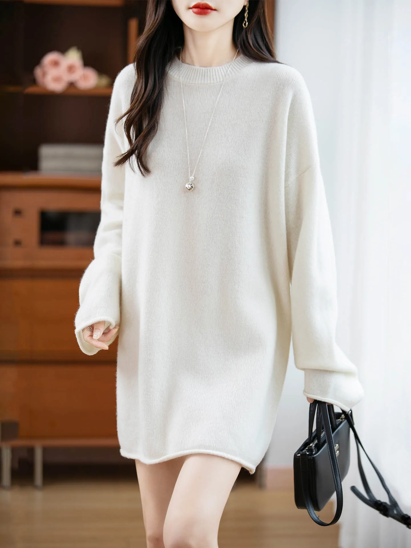 

Women's Autumn Winter 100% Pure Wool Pullover Dress O-neck Soild Thickened Medium-Long Knitted Dress Loose Fit Soft Texture