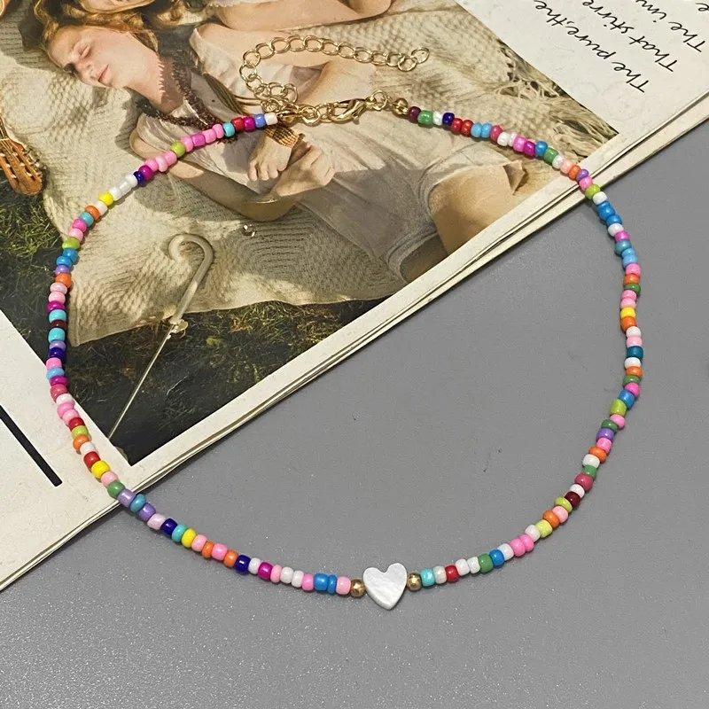Colorful Seed Beads Choker Nekklace for Girl Spring Summer New Love Heart Design Collar Jewelry Wholesale Dropshipping