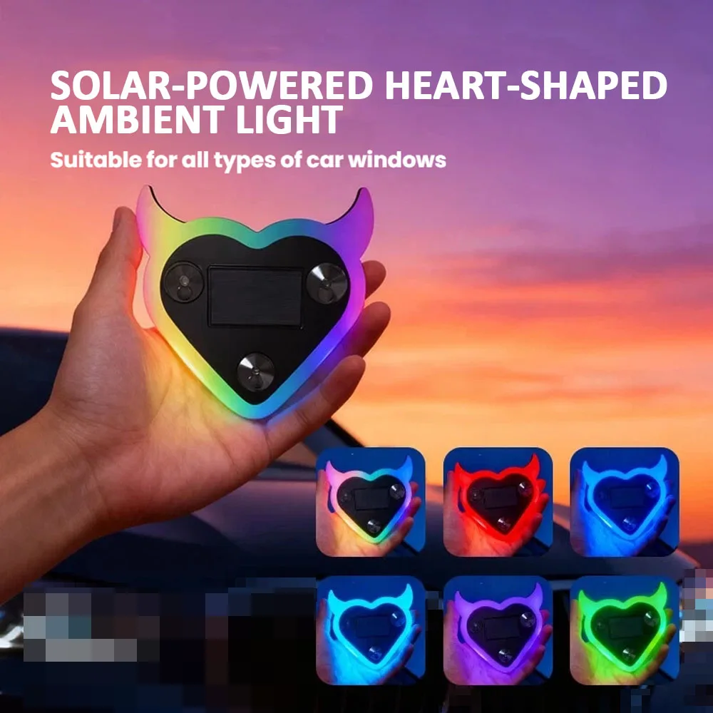 Car Window Ambient Energy Colorful Heart Shape Car Lamps Interior Decorative Lights With Suction Cup Lights Solar Type-C Charge