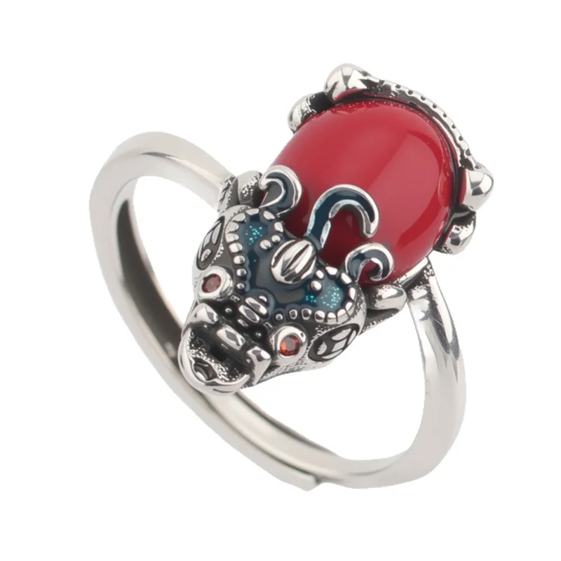 Lucky Wealth Beast Pixiu Ring For Men Jewelry Ethnic Style Vintage Jade Animal Design Male Index Finger Accessories Adjustable