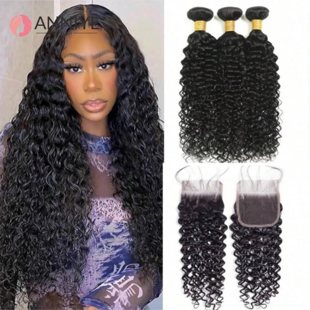 ブラジリアンレミー縮れ毛人毛束、HD透明4x4レースクロージャーとウィーブエクステンション付き、柔らかいANNIEヘア