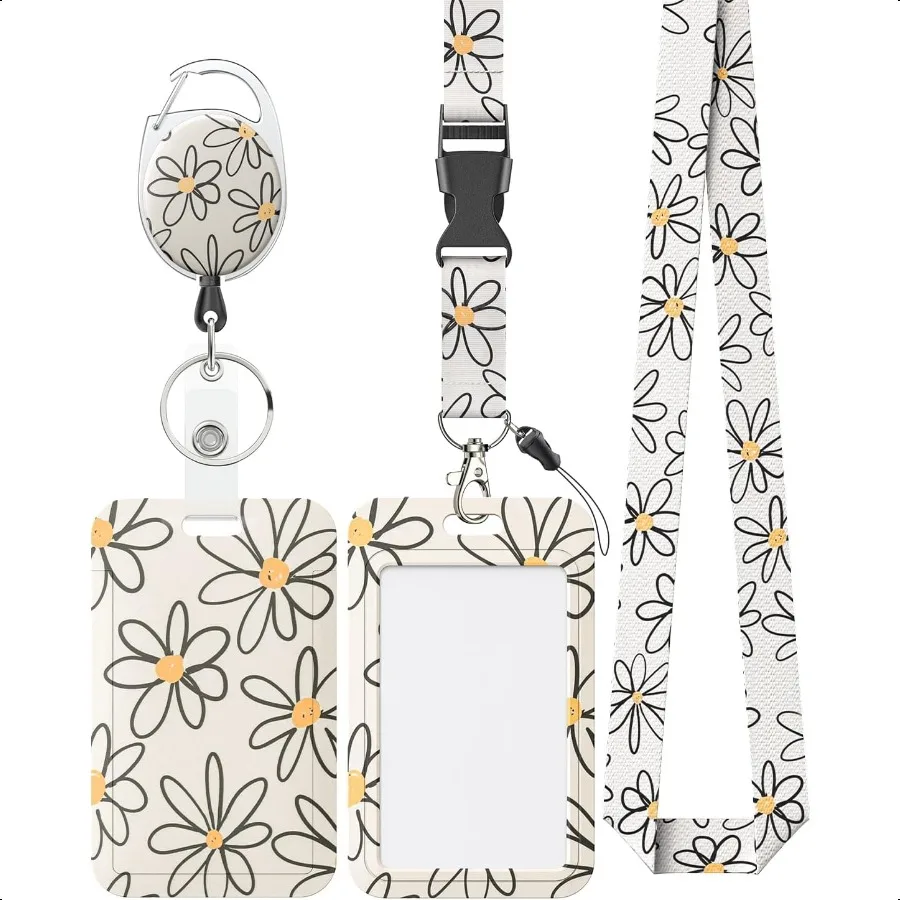 

Floral Sliding Badge Holder White Flower Plastic Case with Retractable Badge Reel Carabiner Clip Detachable Lanyard Strap Fashi