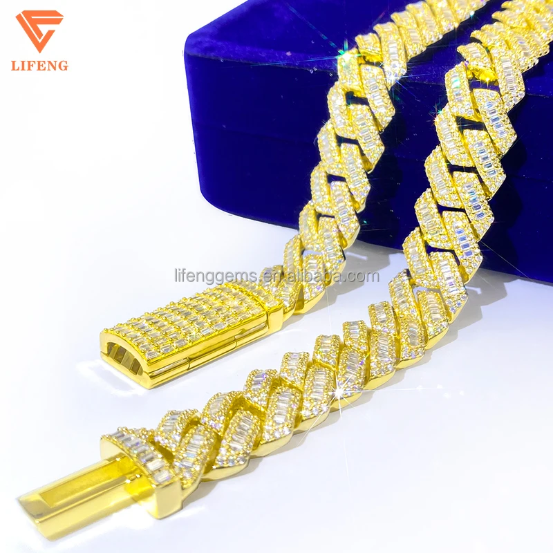 15mm Iced Out VVS Moissanite Diamond Yellow Gold Plated Cuban Link Chain Pass Diamond Test Hiphop Men's Miami Cuban Necklace