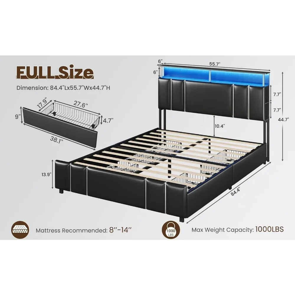 Bed Frame Full Size with Bookcase Headboard and 4 Storage Drawers, Leather Upholstered Full Bed Frame