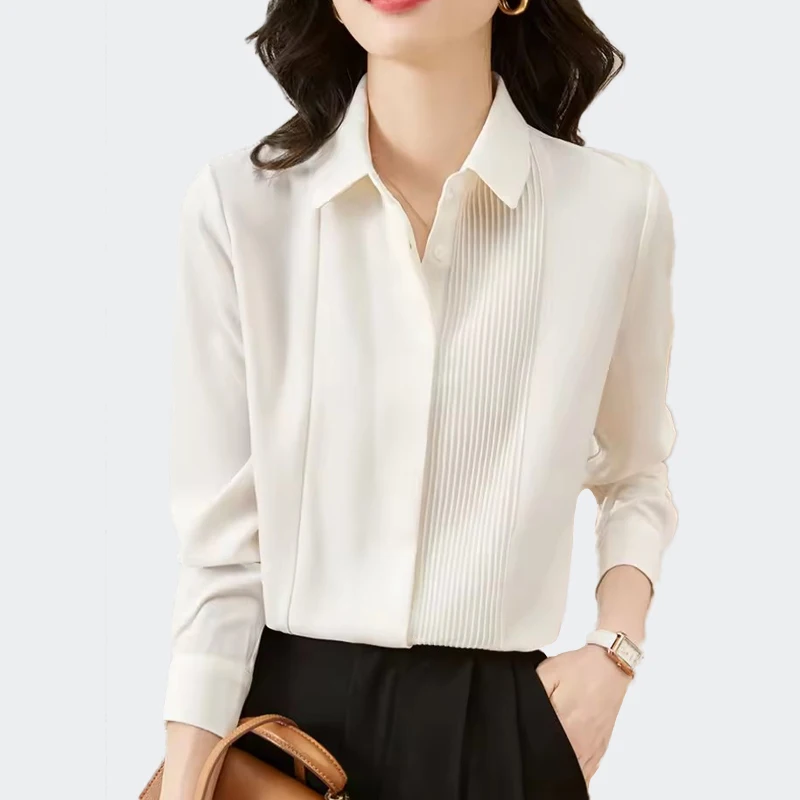 

Elegant Office Lady Blouse Women Long Sleeve Lapel Formal White Shirt Blusas Mujer De Moda 2025 Korean Style Female Basic Tops