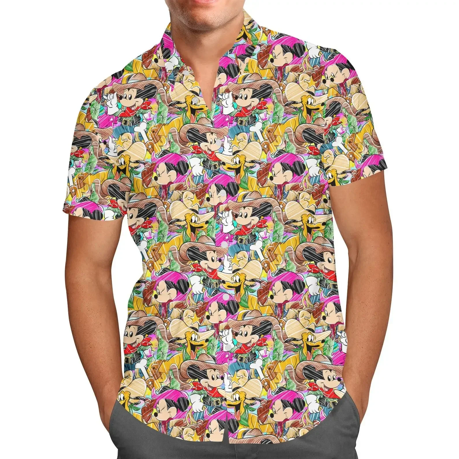 Homens e mulheres disney princesas esboços de camisa havaiana, manga curta, com botões, moda vintage casual