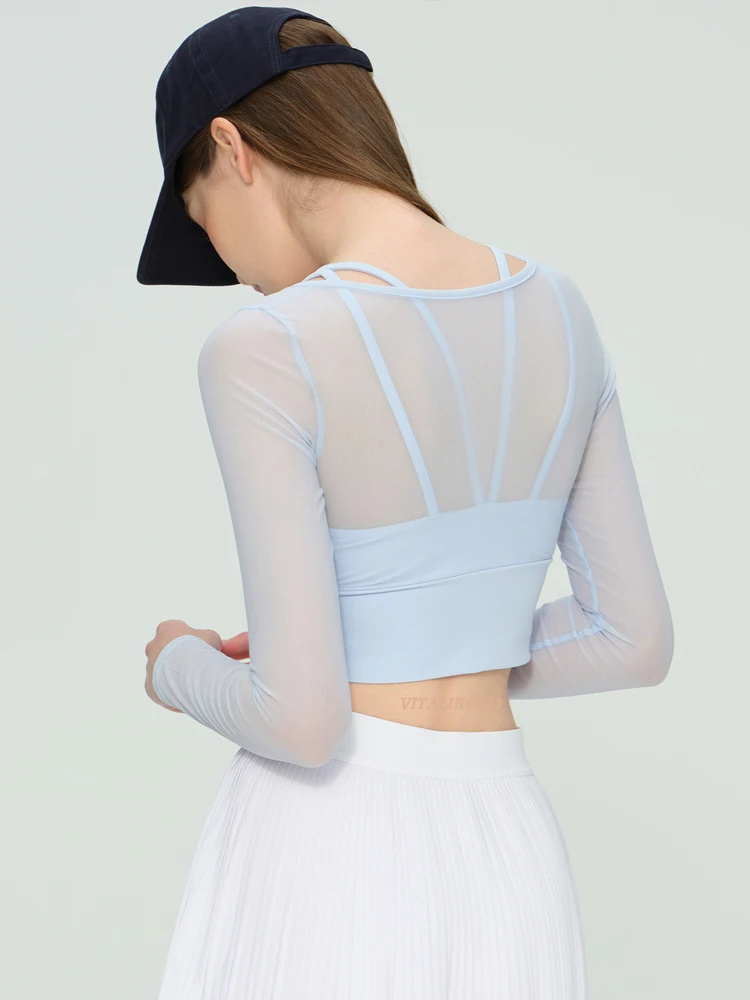 VITALINOVO Mesh Long Sleeve Crop Yoga Tops for Women Double Lined Workout Athletic Gym Shirts Cropped Tops Tee with Built in Bra