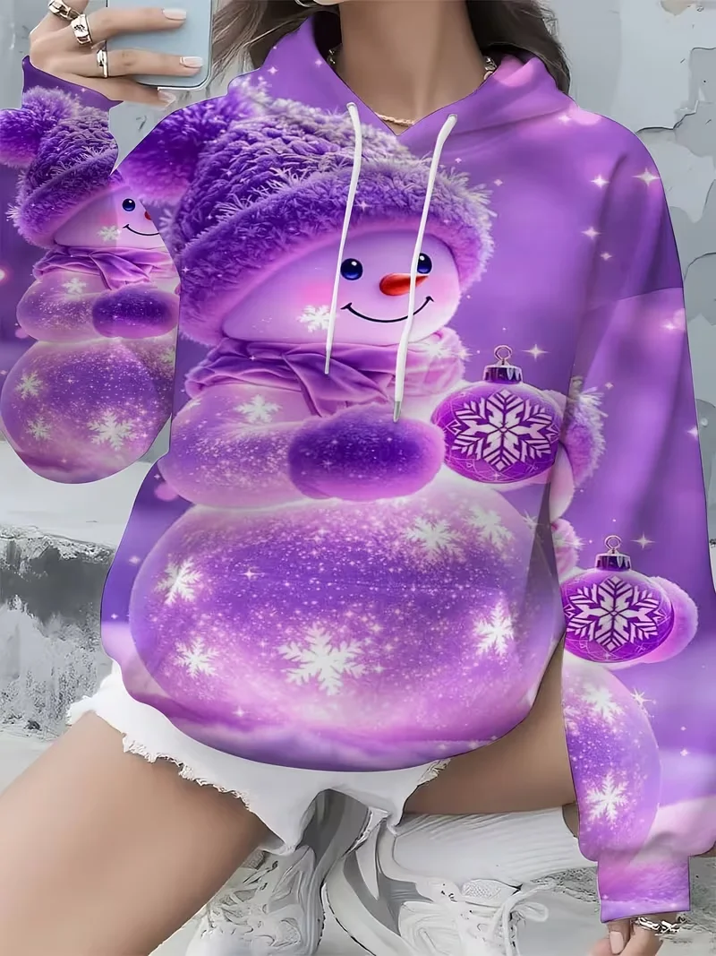 Casual Christmas Snowflake Hoodied Tops Women 3D Pattern Sweatshirt Tops Autumn Winter New Long Sleeve Hooded Top Plus Size 3XL