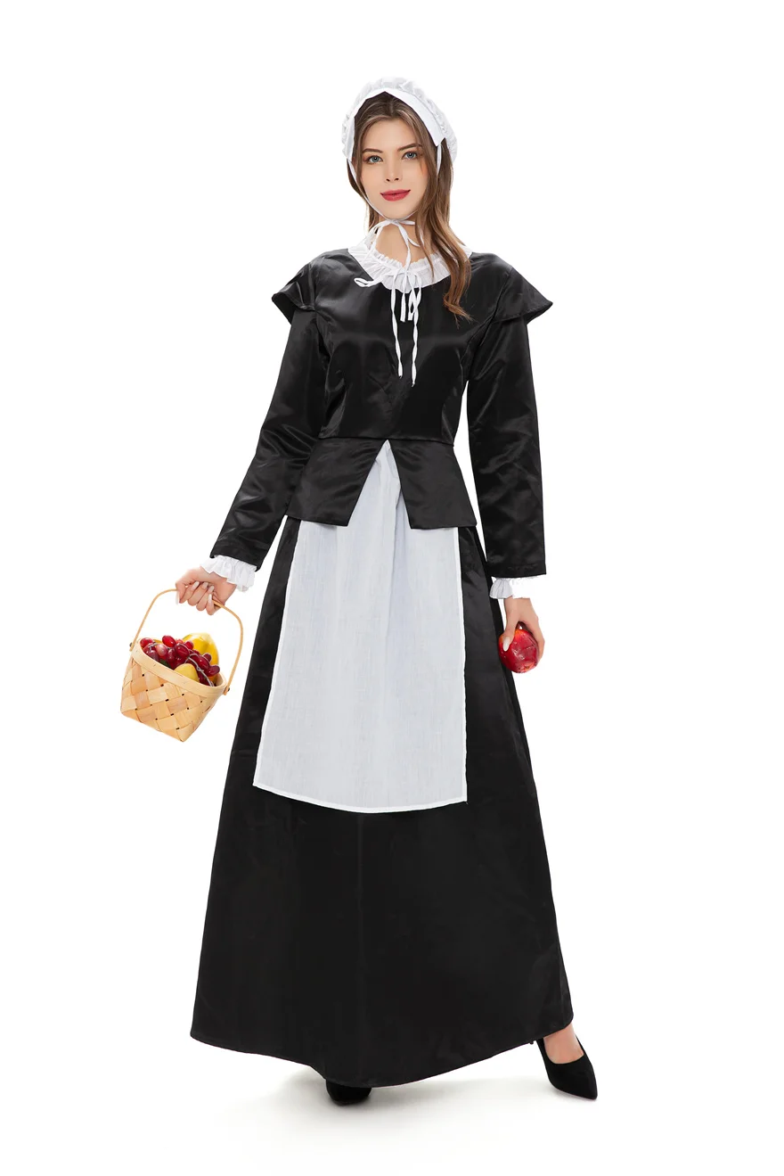 Halloween Maid Cosplay Costume Pastoral Dress French Housekeeper Maid Dress Black And White Long-Sleeved Round Shoulder Dress