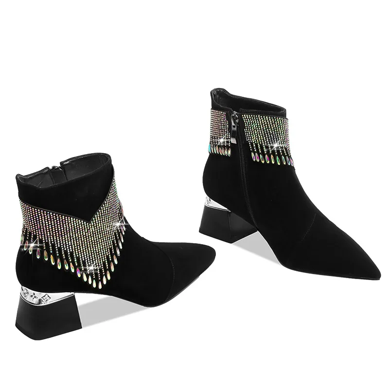 Phoentin rhinestone party Ankle boots for woman 2022 winter sexy pointed toe short boots elegant female black white shoes FT2014