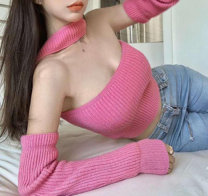 Y2K High Street Bright Colors Halter Knitted Tank Tops Sweater Strapless Long Sleeve Gloves Sexy Camisole 2 Piece Tube Top Set