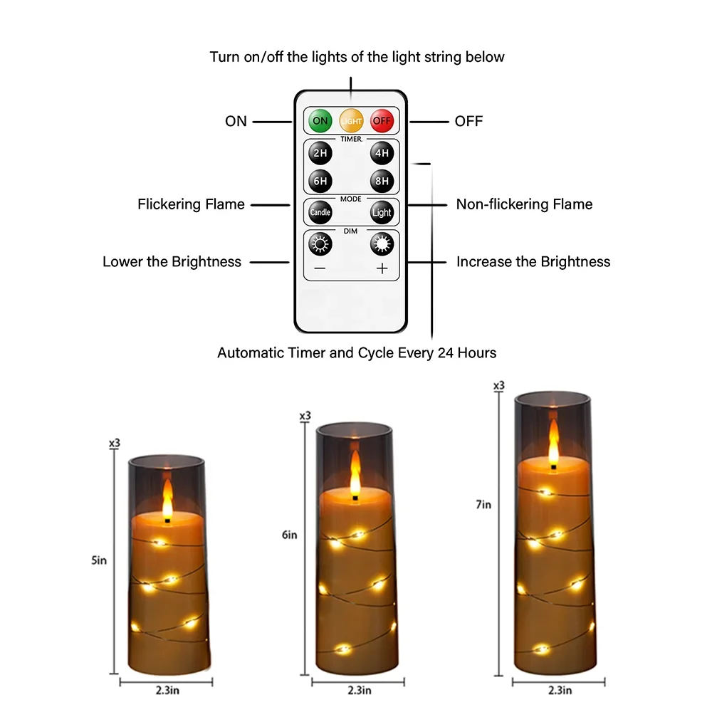 Gray 9PCS LED Flameless Candles with String Lights Acrylic Decor for Home Festival Dinner Party Living Room Table Centerpieces