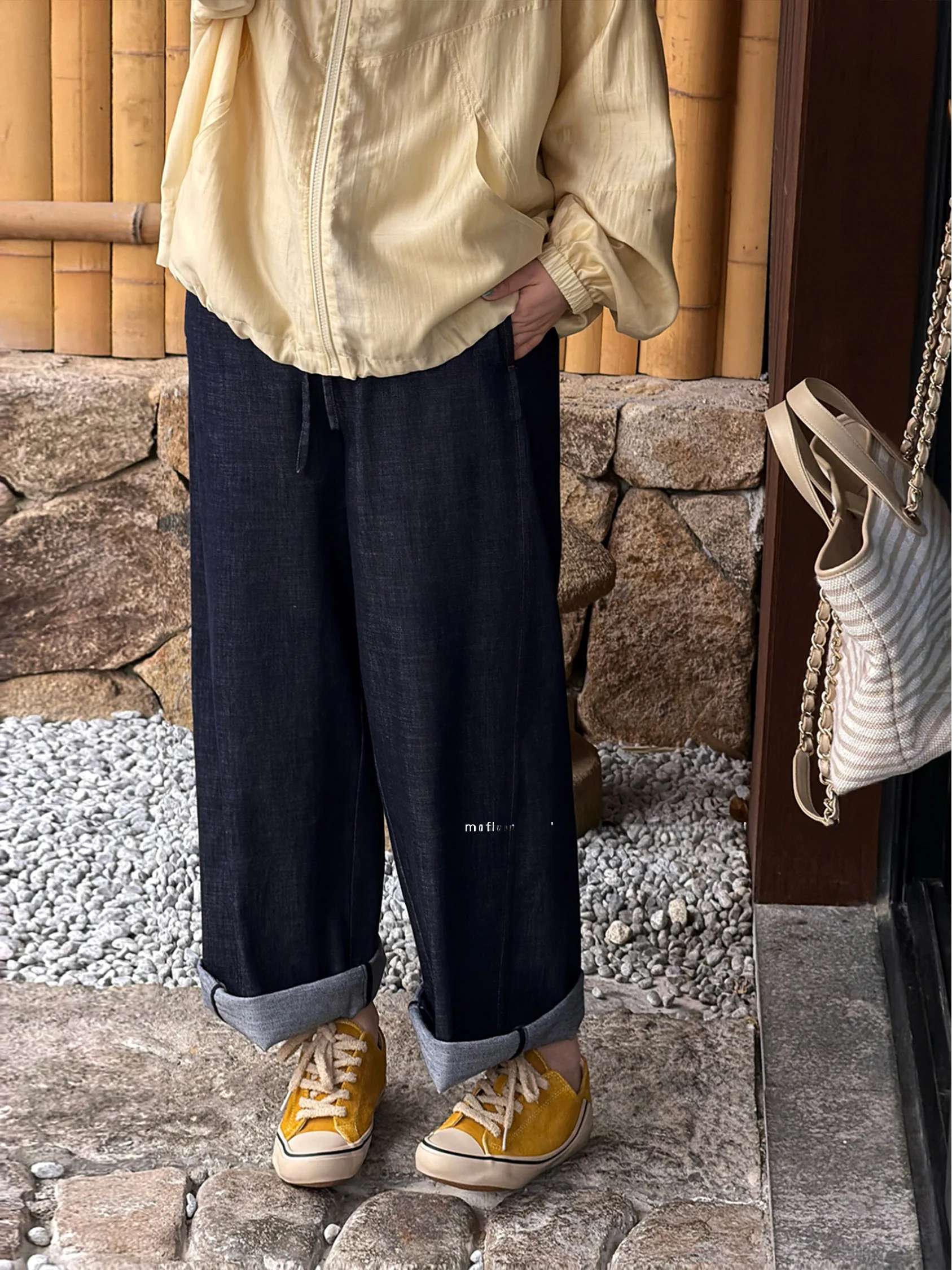 

JiJi Private Label Women's Loose Fit Denim Jeans Elastic Waist Canvas Arcuate Bottom Casual Spring Season Breathable Comfortable