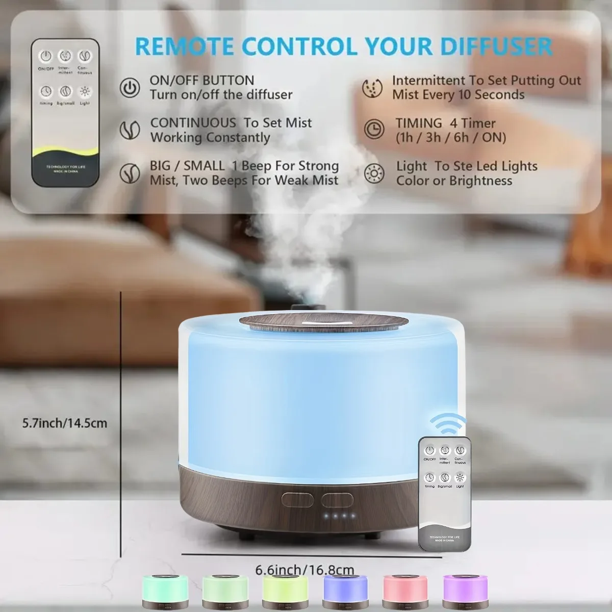 

Smart Aromatherapy Diffuser 500ml - Wood Design Ultrasonic Humidifier w/ Remote, 7 LED Colors & 6 Essential Oils Gift Set