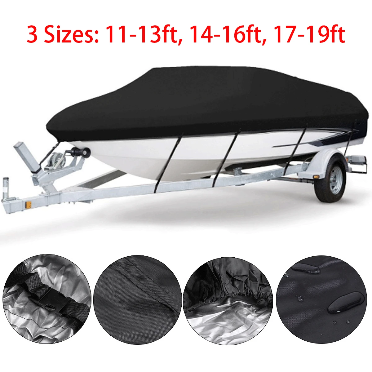 Universal Black 11ft - 22ft 210D Trailerable Boat Covers Waterproof Rain Proof Sunproof UV Protector Speedboat Boat Cover