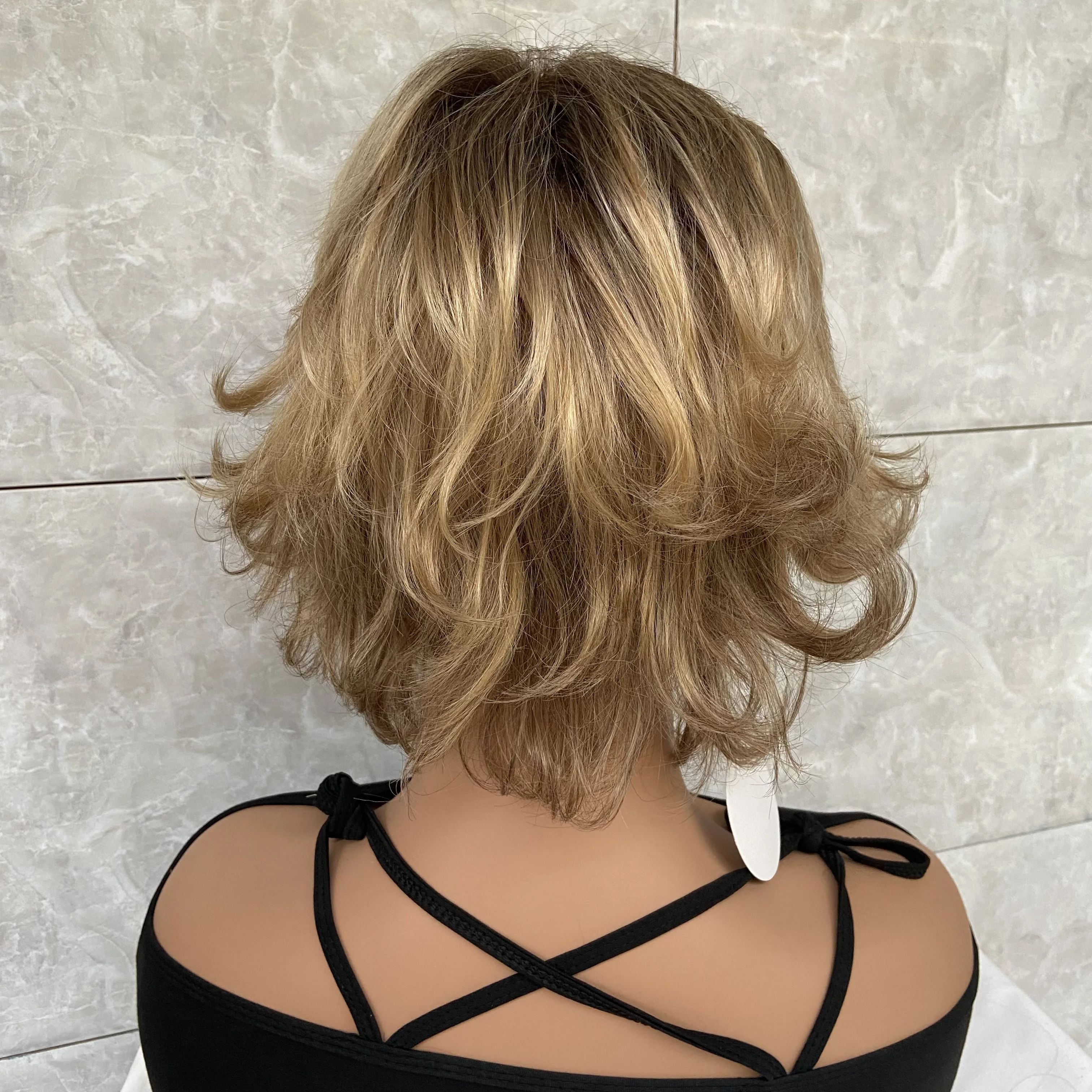 Short Fluffy Wavy layered Cut Human Hair Blend Heat Ok Wig Rooted Blonde Mix Synthetic For Women Natural Dailly