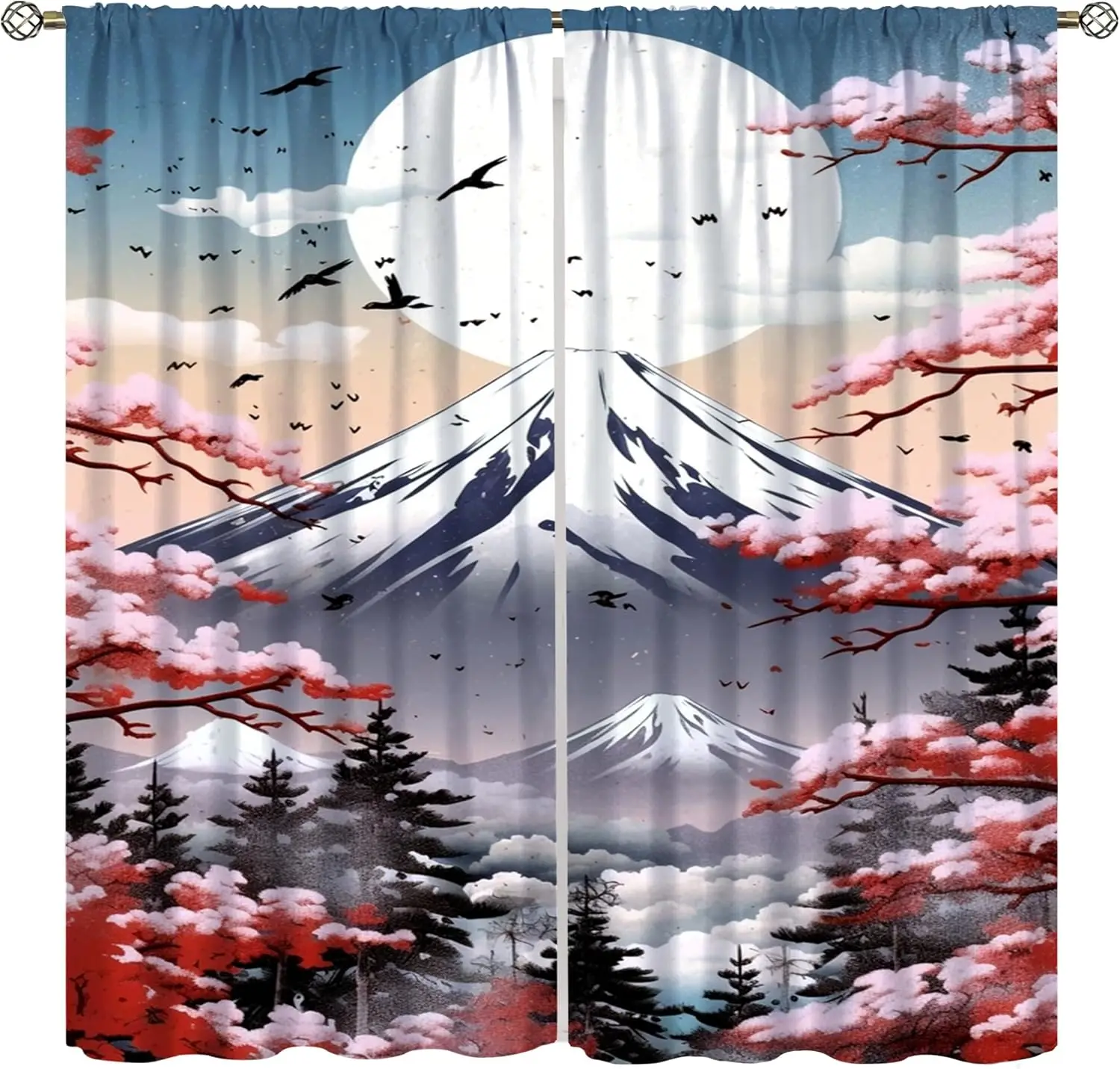 

Japanese Style Mount Fuji Curtains Bird Cherry Blossom Pine Printed Window Treatment for Bedroom Living Room Kitch Drapes 42x45