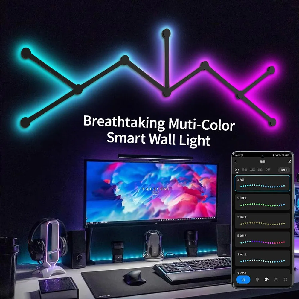 LED Smart Wifi Wall Lamp RGBIC Light Bar DIY Atmosphere Night Light APP Music Rhythm TV Backlight Bedroom Game Room Decoration