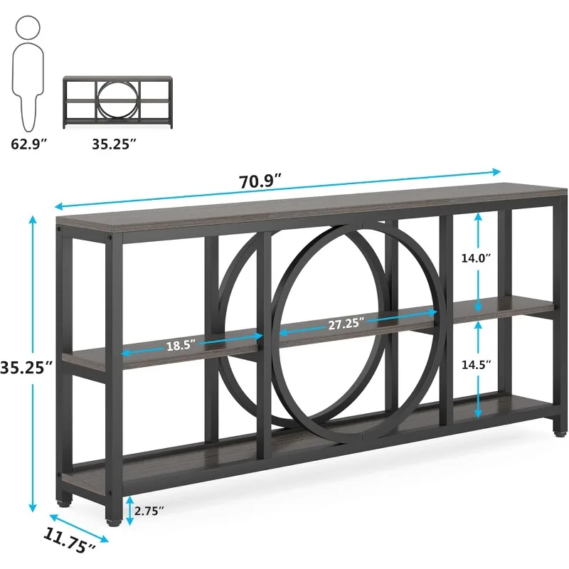 Extra Long Narrow Entryway Tables with 3 Tier Wood Storage Shelves Metal Frame for Foyer Hallway Living Room Behind Couch