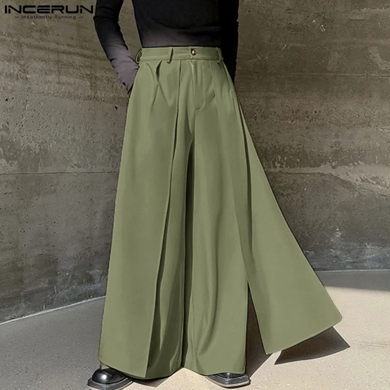 INCERUN 2024 Korean Style Trousers Stylish Men Fake Two piece Wide Leg Pant Casual Personality Loose Solid Skirt Pantalons S-5XL