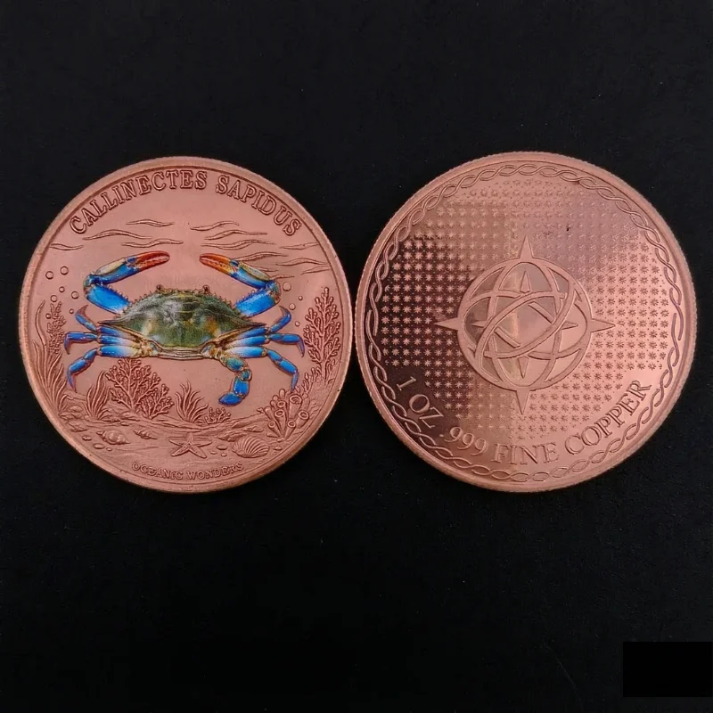 1 oz .999 Fine Copper Blue Crab Round Callinectes Sapidus Oceanic Wonders Compass Coral Colorized Art Collectible Gift