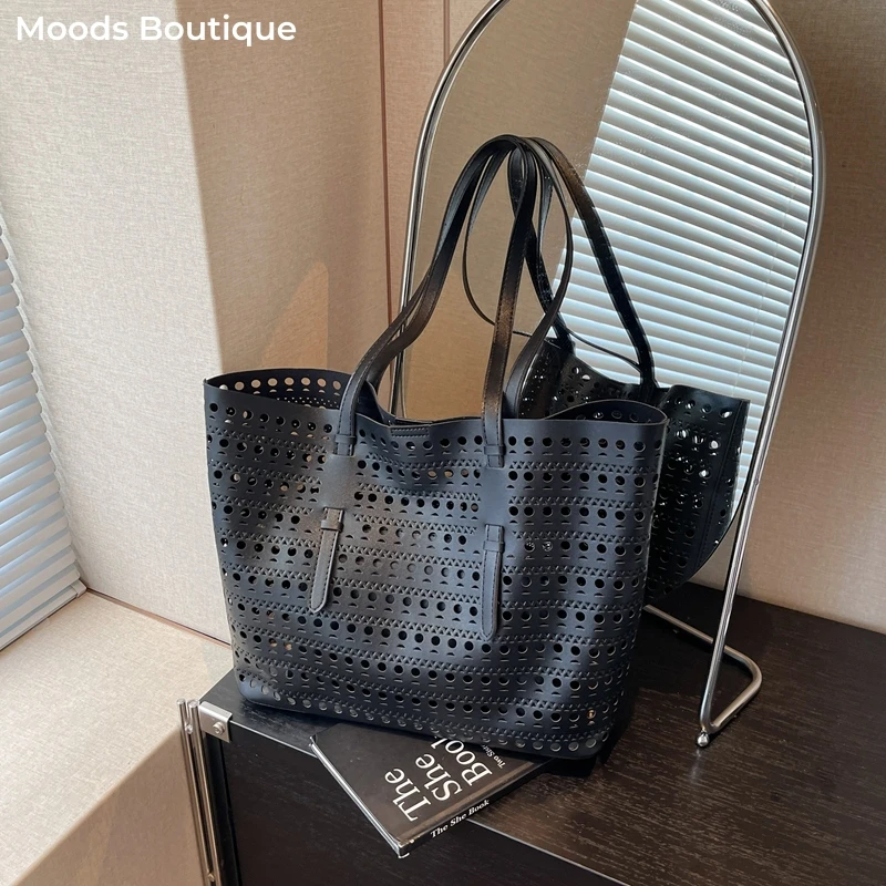 

Large Size Shoulder Tote Bags For Women Hollow Out Design Bucket Hobo Bag Large Capacity Shopper Totes Luxury Designer Handbags