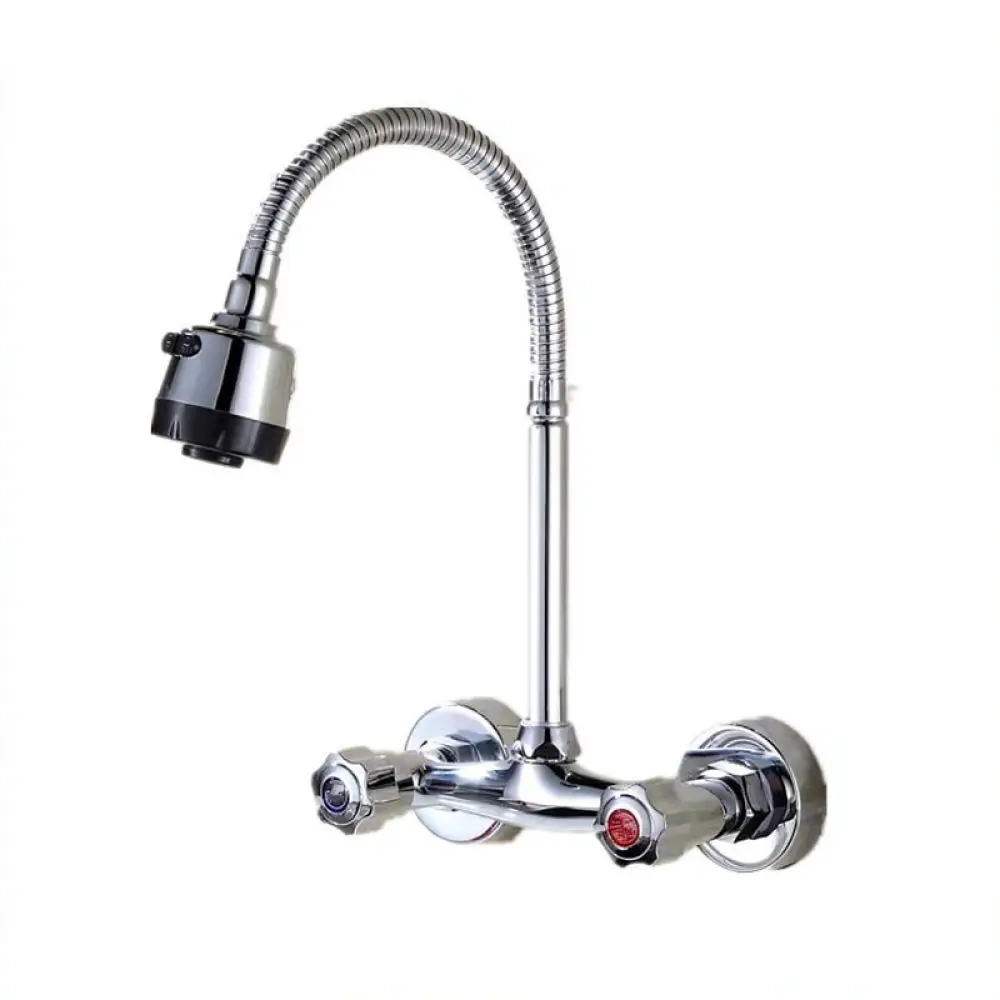 Modern Kitchen Sink Faucet Wall Mounted Mixer Tap Universal Swivel Spout Dual Handle Cold Hot Water Faucet