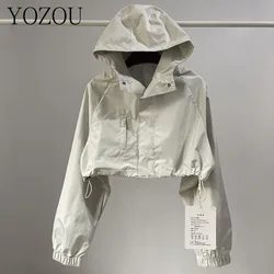 [YOZOU] Gorpcore Techwear White Hooded Cargo Cropped Windbreaker Jackets Buttons Up Coat Women Outdoor Pink Black Top Korean