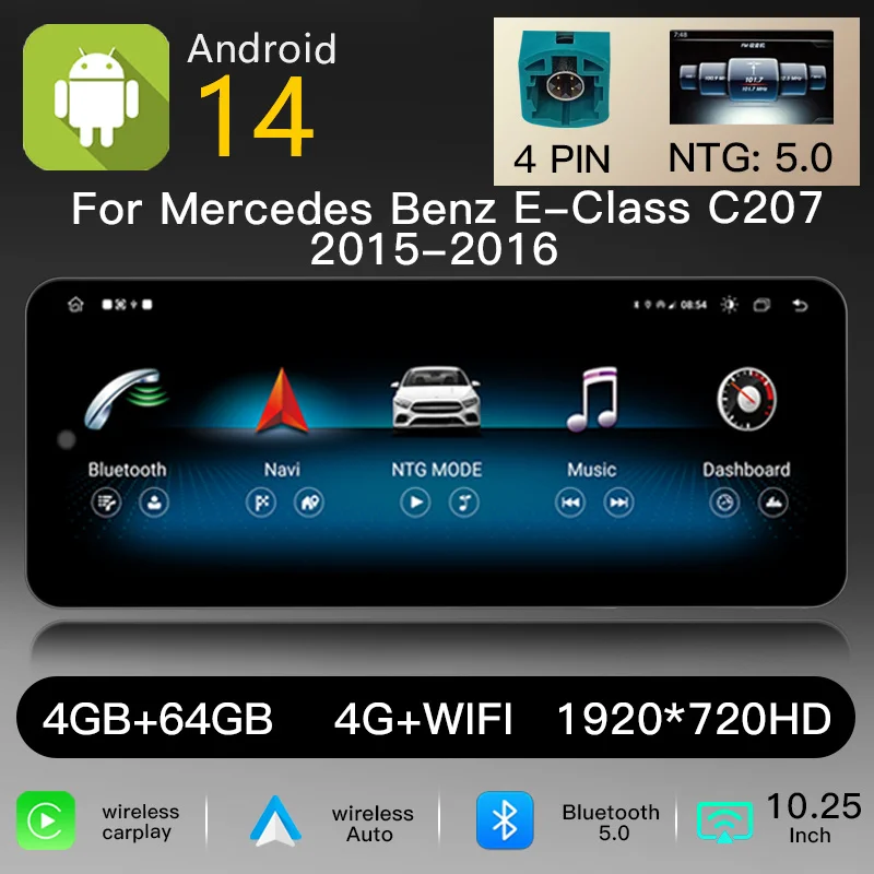 10,25" 1920*720 IPS-scherm, draadloze CarPlay, Android 14 autoradio voor Mercedes E-klasse C207 W207 A207 NTG 4.0/4.5/5.0 2009-2016 2-deurs, multimedia, GPS-navigatie, WiFi, 4G, headunit, stereo-audio