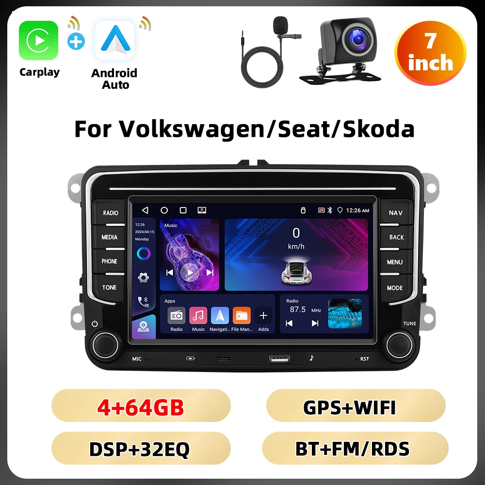 Podofo 6 + 128G 7 ''Autoradio Voor VW/PASSAT/CADDY/POLO/BEETLE Multimedia Speler Carplay Android Auto Type-C WIFI GPS Auto Audio