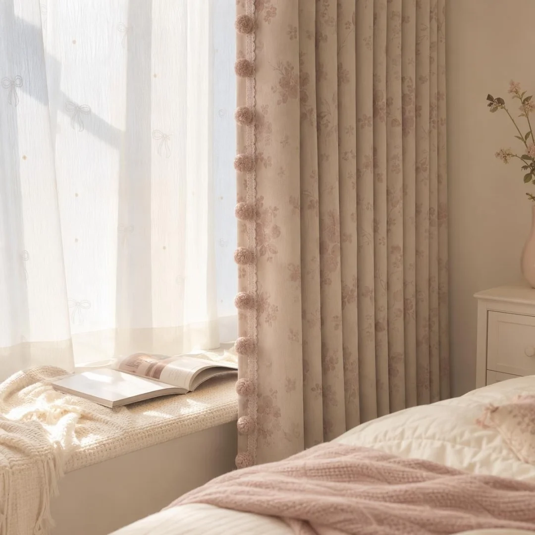 Rosalie Floral Printed Curtain Pink Pom Pom Edge Linen Texture Curtain Vintage Romantic Window Drape Home Decor