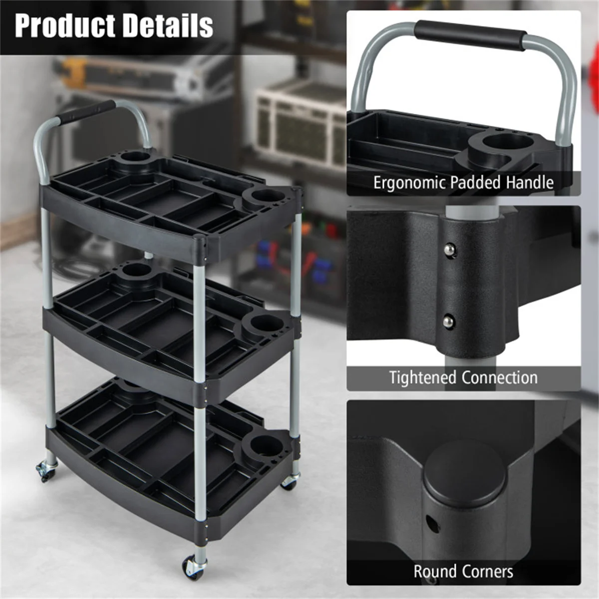 

3 Layer Tool Cart w/ Lockable Universal Wheels and Multiple Divider, Multi-Occasion Use,used as repair cart, cleaning cart