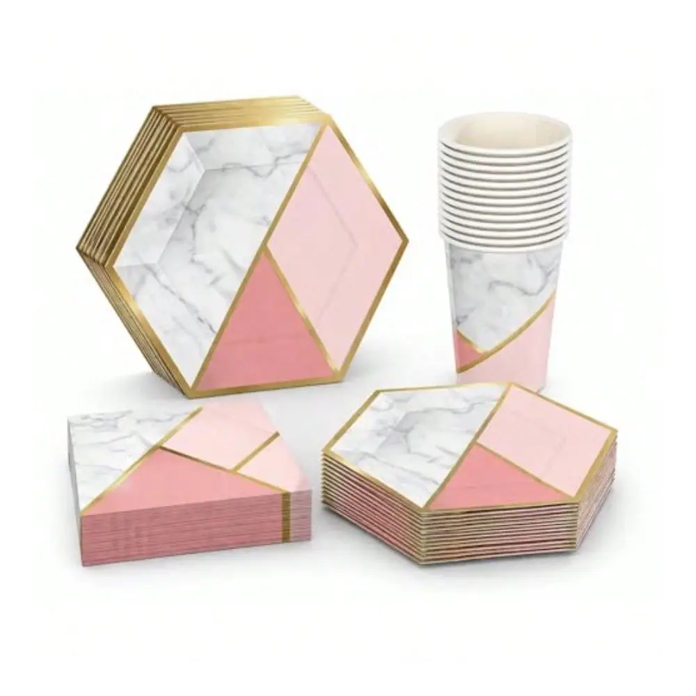 Piece Pink And Gold Foil Hexagon Paper Plates Cups And Napkins For 30 Guests Floral Disposable Party Set For Baby Shower Bridal