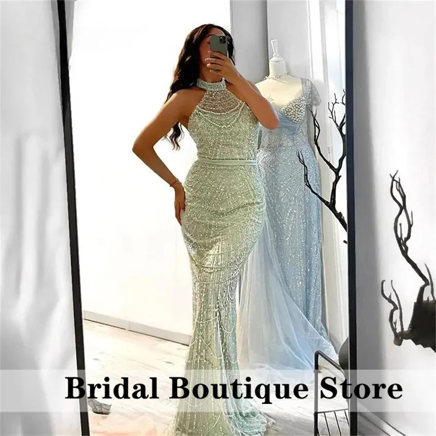 

Elegant Halter Green Mermaid Evening Dress for Women Luxury Beaded Crystals Formal Prom Wedding Party Gown 2025 Customized