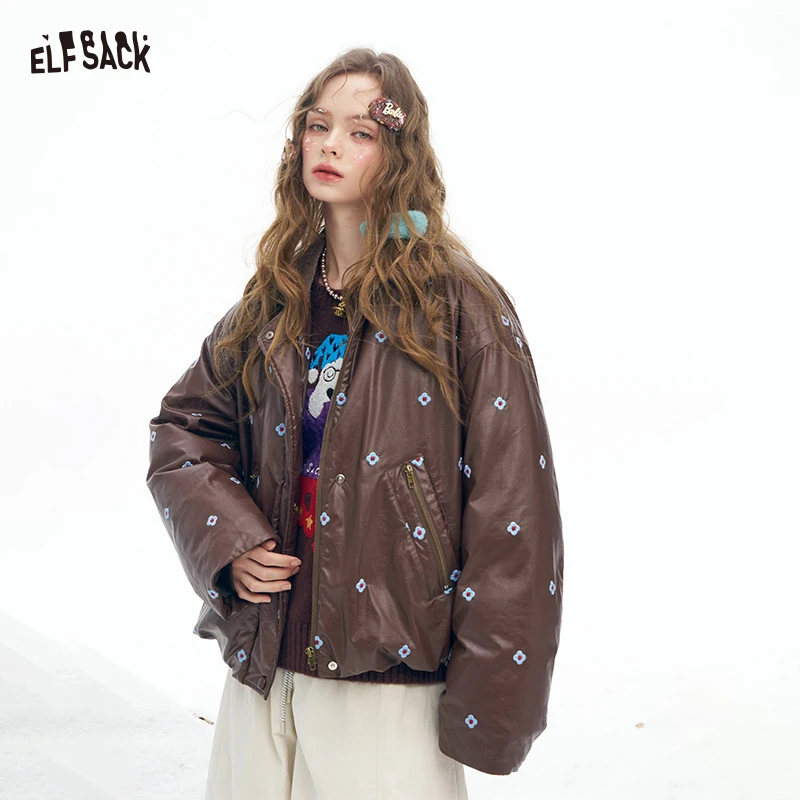ELFSACK 2025 겨울 신상품 Y2K 미니멀리스트 캐주얼 인조 가죽 솔리드 플로럴 그래픽 라펠 숏 다운 재킷 여성용