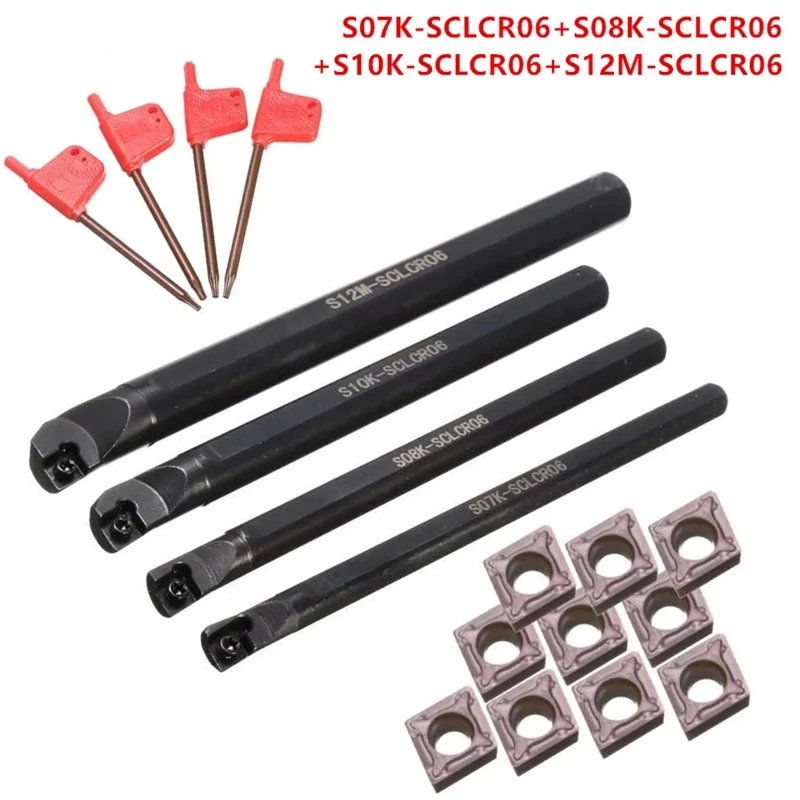 4Pcs 7/8/10/12mm SCLCR06 Lathe Boring Bar Turning Tool With 10Pcs CCMT0602 Inserts +4Pcs T8 Wrench