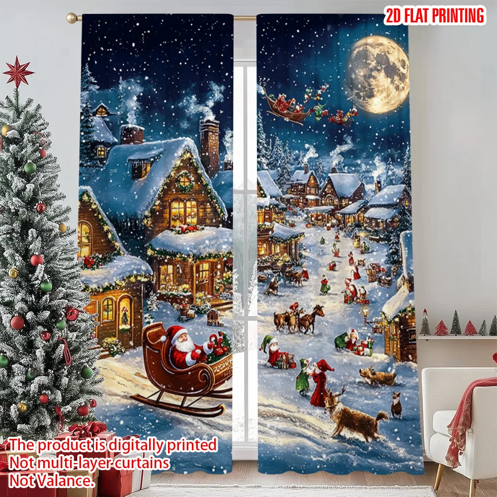 

2pcs 2D flat printing Christmas Curtain sleigh_ reindeer_ elephant Durable 100% Polyester Fabric Without Electricity Party