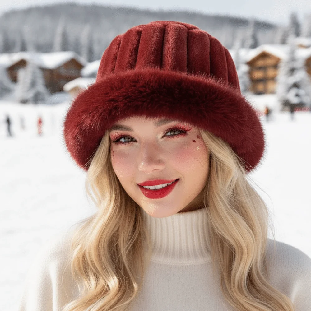 Vertical Texture Striped Fur Hat Faux Fur Brim Fleece Lining Trapper Hats Soft Thermal Insulation Puffy Bucket Cap Commuting