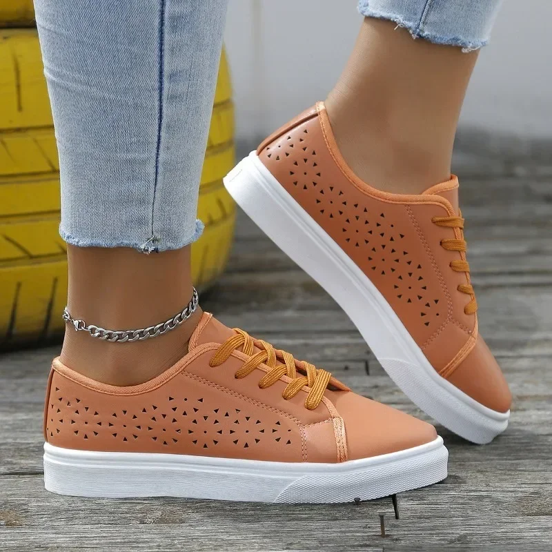 Women Shoes Fashion Summer Casual White Shoes Cutouts Lace Canvas Hollow Breathable Platform Flat Shoes Woman Sneakers